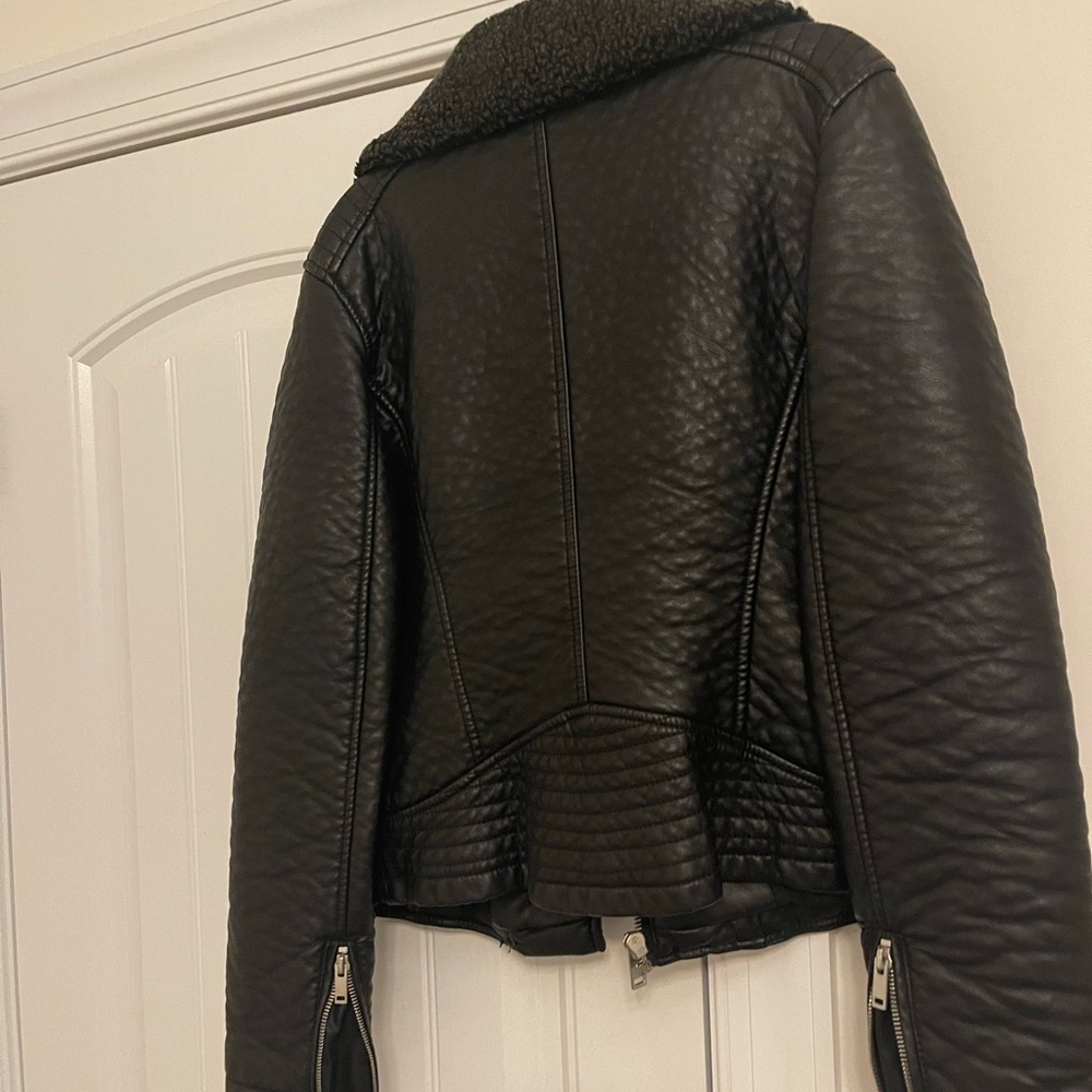 Black Rivet Black Bomber Jacket with Shearling Collar - Picture 2 of 2